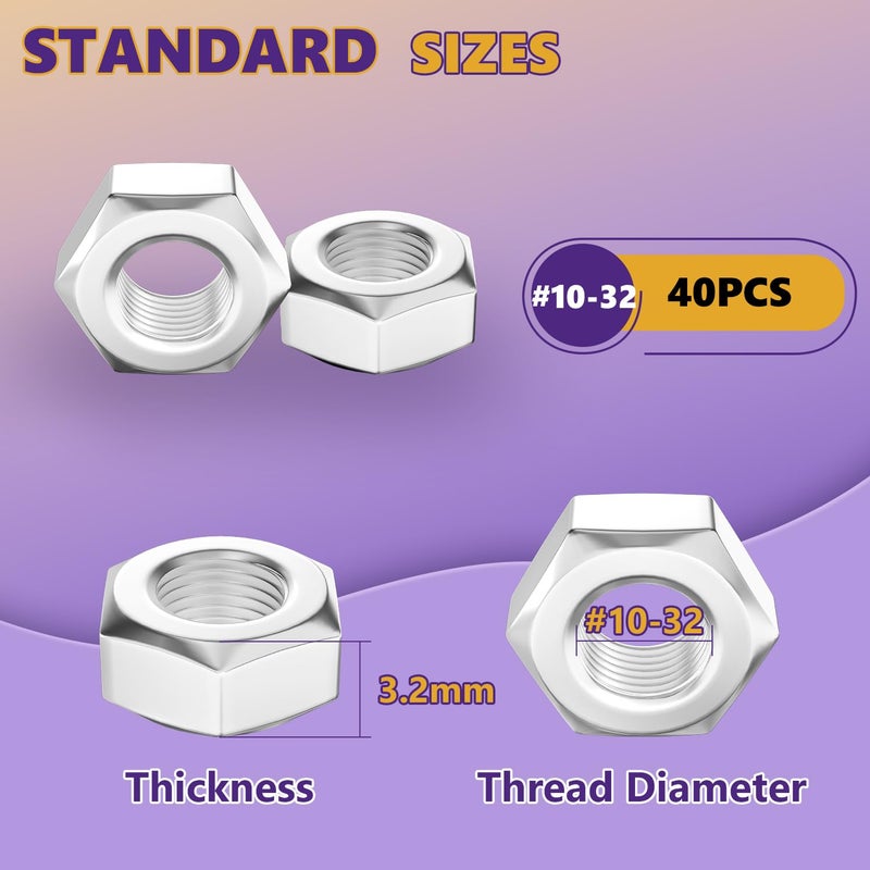 ZerDans #10-32 Hex Nuts, 40Pcs 304 Stainless Steel Metal Standard Inch Hexagonal Nuts Hardware Set for Bolt for Furniture, Automotive, Industry and Construction, Full Thread - Image 5